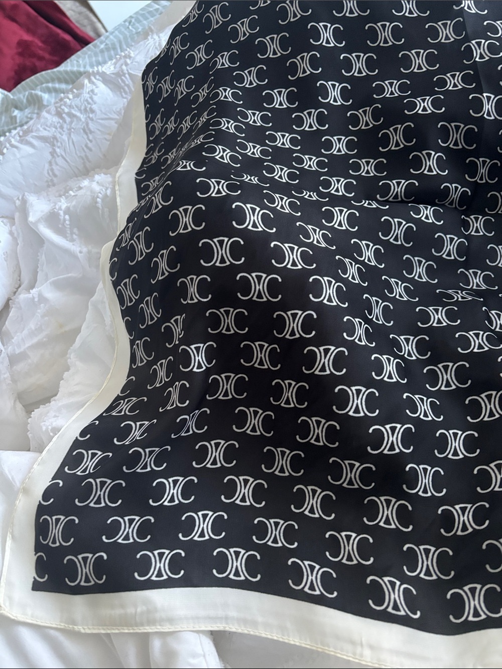 Vintage Black and Cream Monogram Silk Scarf - Picture 4 of 7